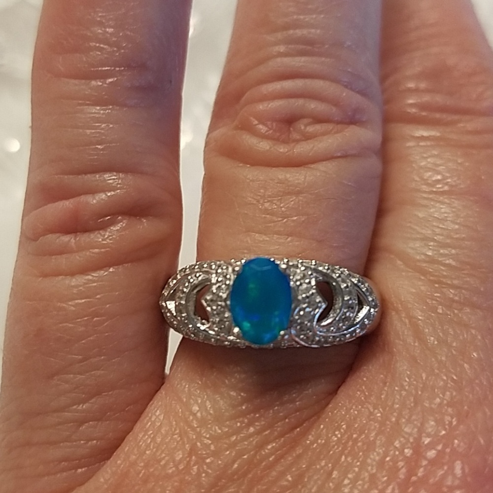 NWT Blue Opal White Zircon Sterling Ring